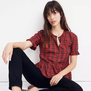 Madewell Studio Ruffle-Hem Top in Clanton Plaid Red Size M